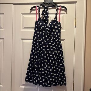 Betsey Johnson Navy Polka Dot Halter Dress with Pink Straps